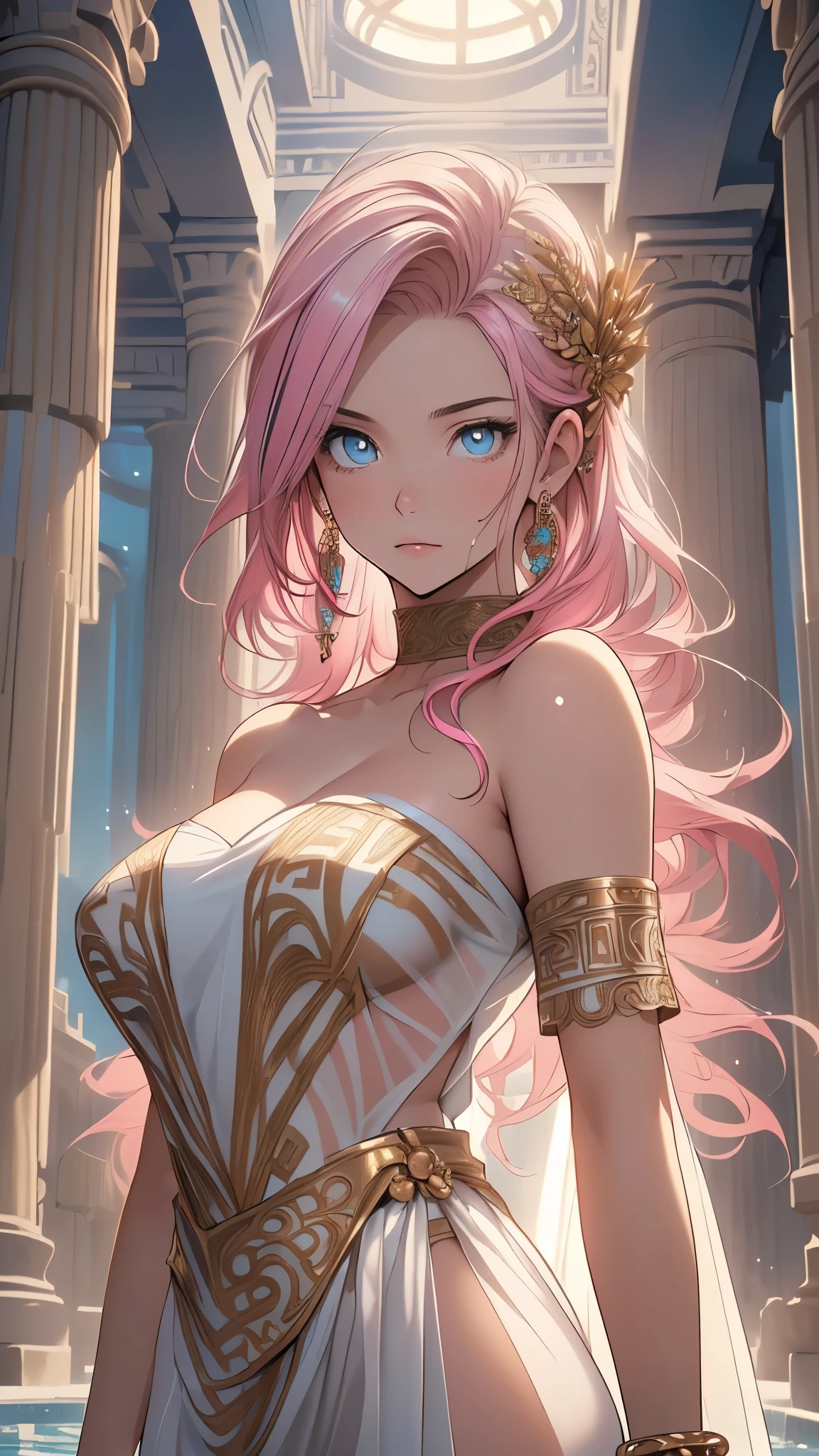 Medusa, hair composed of pink snakes, reddish white eyes, ultra-detailed sea surface, skulls in the reflection of her eyes, background of white stone statues of muscular and mature men, expression of anger and hatred, symbol of the feminine in the center, well-structured female body, golden jewels all over her body