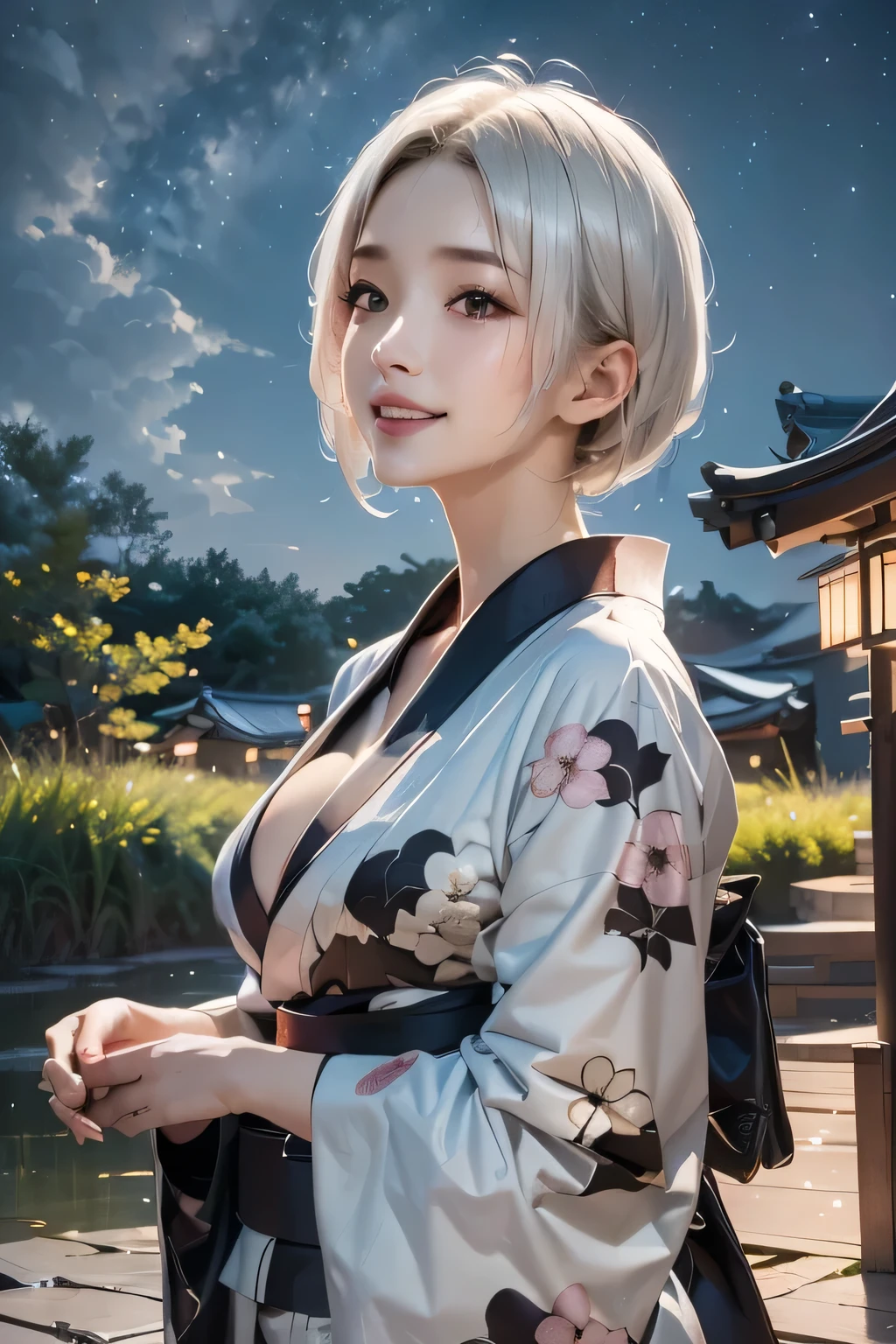 masterpiece, best quality, highly detailed, 1girl, white hair, face: sweet girl, laugh kimono, black kimono, Casual Kimono Style, Sturdy collar、Matte texture clothing. look up at the night sky. Bright and soft impression、It catches your eye.、A tranquil atmosphere、cleavage, outdoors, from up side
