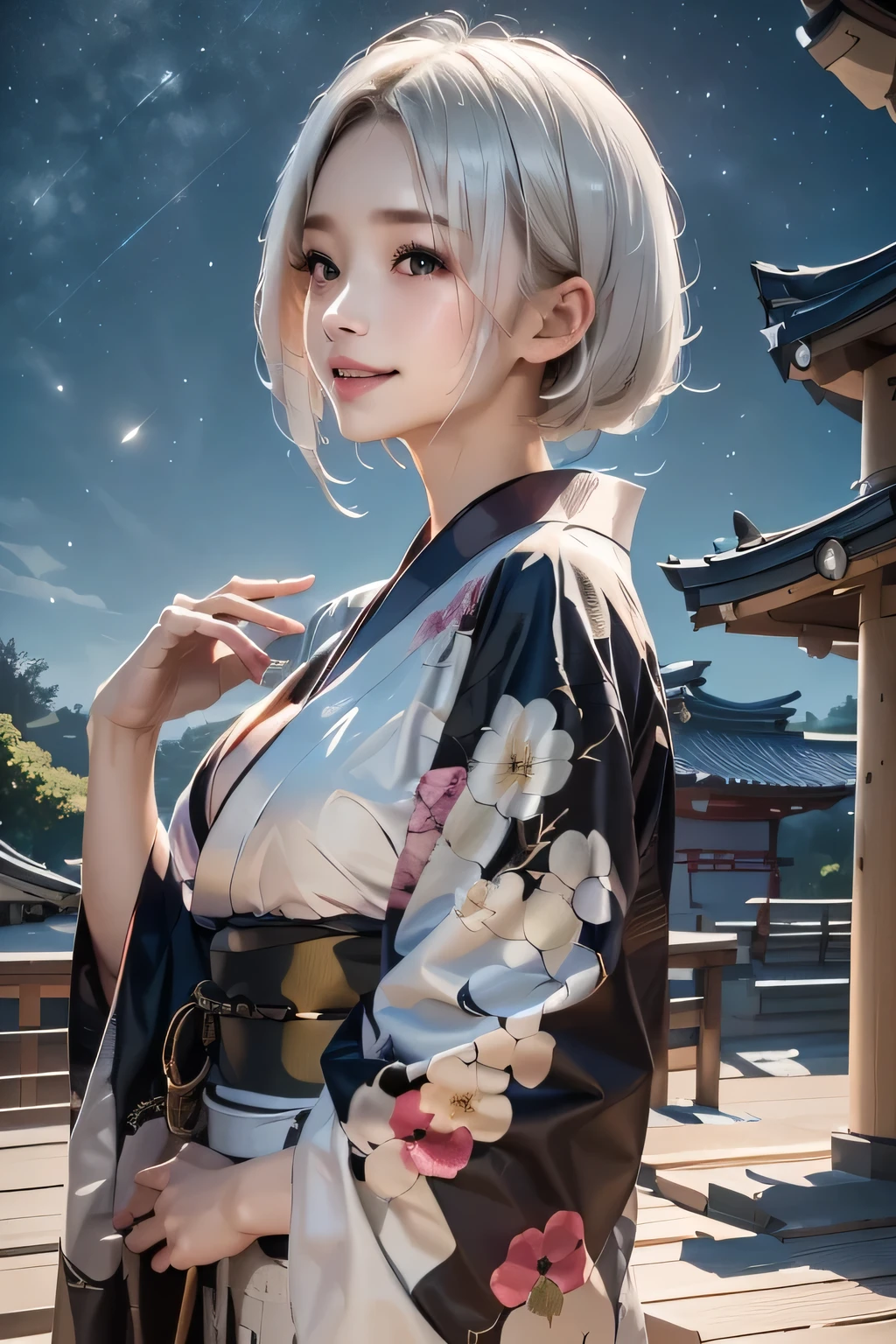 masterpiece, best quality, highly detailed, 1girl, white hair, face: sweet girl, laugh kimono, black kimono, Casual Kimono Style, Sturdy collar、Matte texture clothing. look up at the night sky. Bright and soft impression、It catches your eye.、A tranquil atmosphere、cleavage, outdoors, from up side
