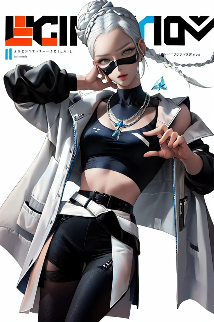 (magazine cover:1.3),Ulzzang-6500, (realistic: 1.3) (original: 1.2), masterpiece, highest quality, beautiful and clean face, whole body, 1 female, (Wearing black-and-white and cobalt sci-fi tech masks and headphones with complex electronics), wearing black techwear jacket and orange trousers with buckle and tape, (crystal necklace), pose for a photo, (White braided bun hair), Glasses 