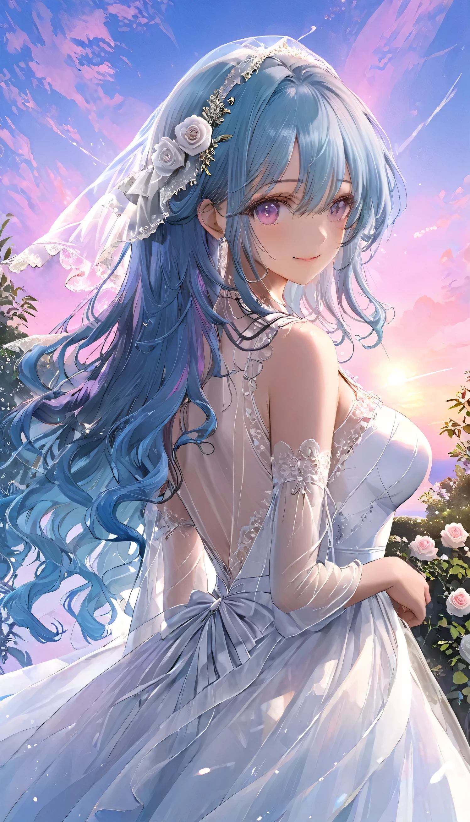 Paint an image of a woman with long flowing hair standing in a vibrant garden. Depicted in a Japanese anime, she wears a floral white off-the-shoulder special frilly dress and holds a bouquet of colorful flowers. Her head is adorned with a wreath made of various large flowers. Countless butterflies flutter around her, and the background is filled with pink flowers and greenery. 