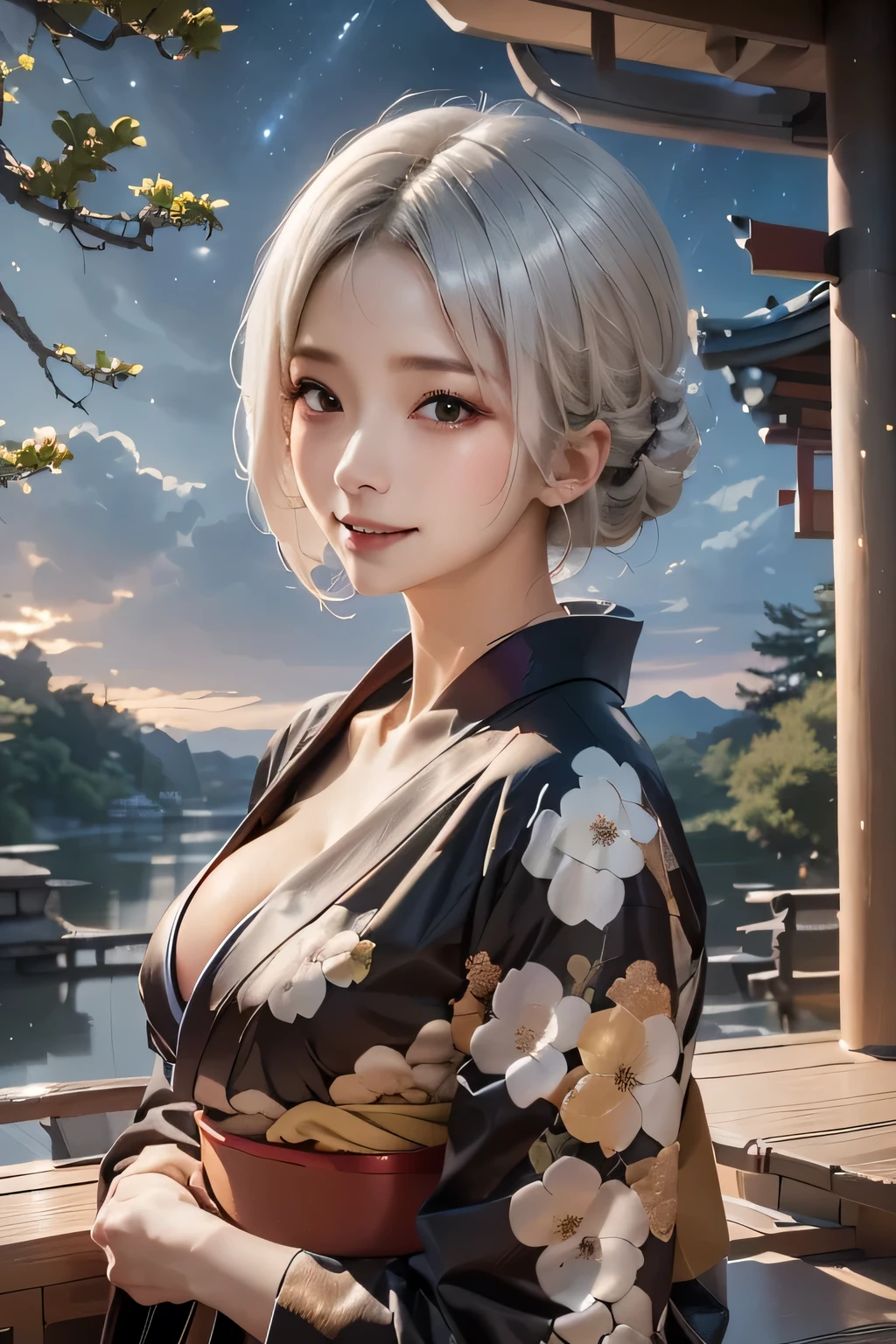 masterpiece, best quality, highly detailed, 1girl, white hair, face: sweet girl, laugh kimono, black kimono, Casual Kimono Style, Sturdy collar、Matte texture clothing. look up at the night sky. Bright and soft impression、It catches your eye.、A tranquil atmosphere、cleavage, outdoors, from up side
