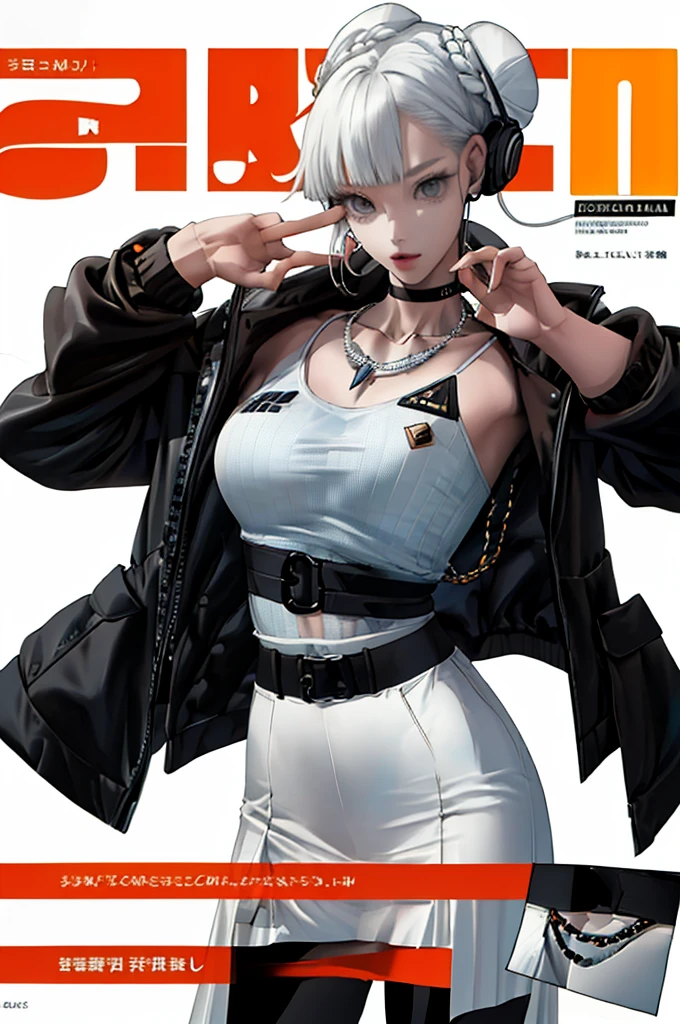 (magazine cover:1.3),Ulzzang-6500, (realistic: 1.3) (original: 1.2), masterpiece, highest quality, beautiful and clean face, whole body, 1 female,very large burst breast, (Wearing black-and-white  headphones with complex electronics), wearing black techwear jacket and orange trousers with buckle and tape, (crystal necklace), pose for a photo, (White braided bun hair), Glasses 