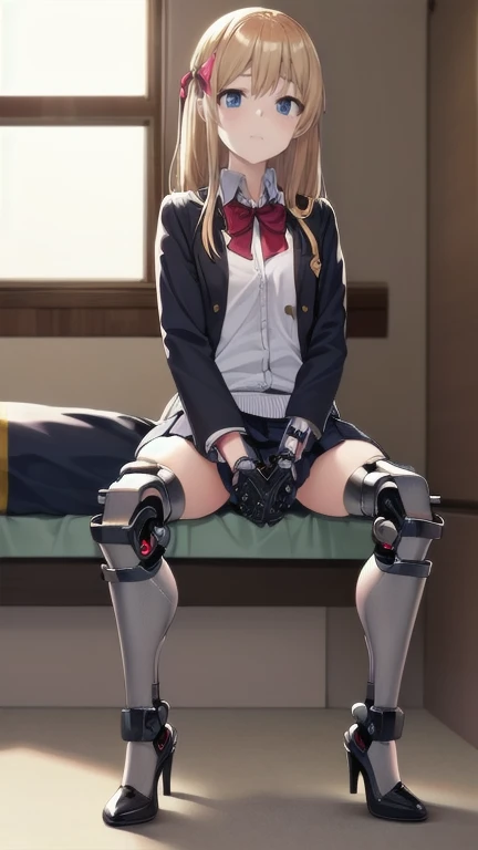 (8k, Best Quality, masterpiece: 1.2, masterpiece, Attention to detail,Very detailed), Light color,Line art,Full Body Shot,Perfect Eyes,((Teenage Girls,kawaii,Student Uniform,Hair color is dark,High school girl,Laugh naturally:1.35,The left leg is a prosthetic:1.25,The right leg is flesh,The left hand is alive,The right arm is a complete prosthetic,Soft looking lips,Glossy skin,Hair is braided,Hair accessories,Soft-looking skin:1.25,Hair Ribbon)),(((A black mechanical prosthetic leg halfway down the thigh:1.25,Only one leg:1.25,High-heeled prosthesis:1.25)))(Inside the school health room,sit on the bed,Remove and maintain the prosthesis:1.25,she:1.25)