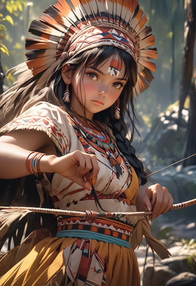girl, teen,native indian warrior, red hair, archer, bow and arrows, accesories, small breasts,naked,battle facepaint, vibrant appearance, creative behavior, imaginative, sensual, spontaneous, highest quality, skin texture, intricate details, (cinematic lighting), RAW photo, 8k