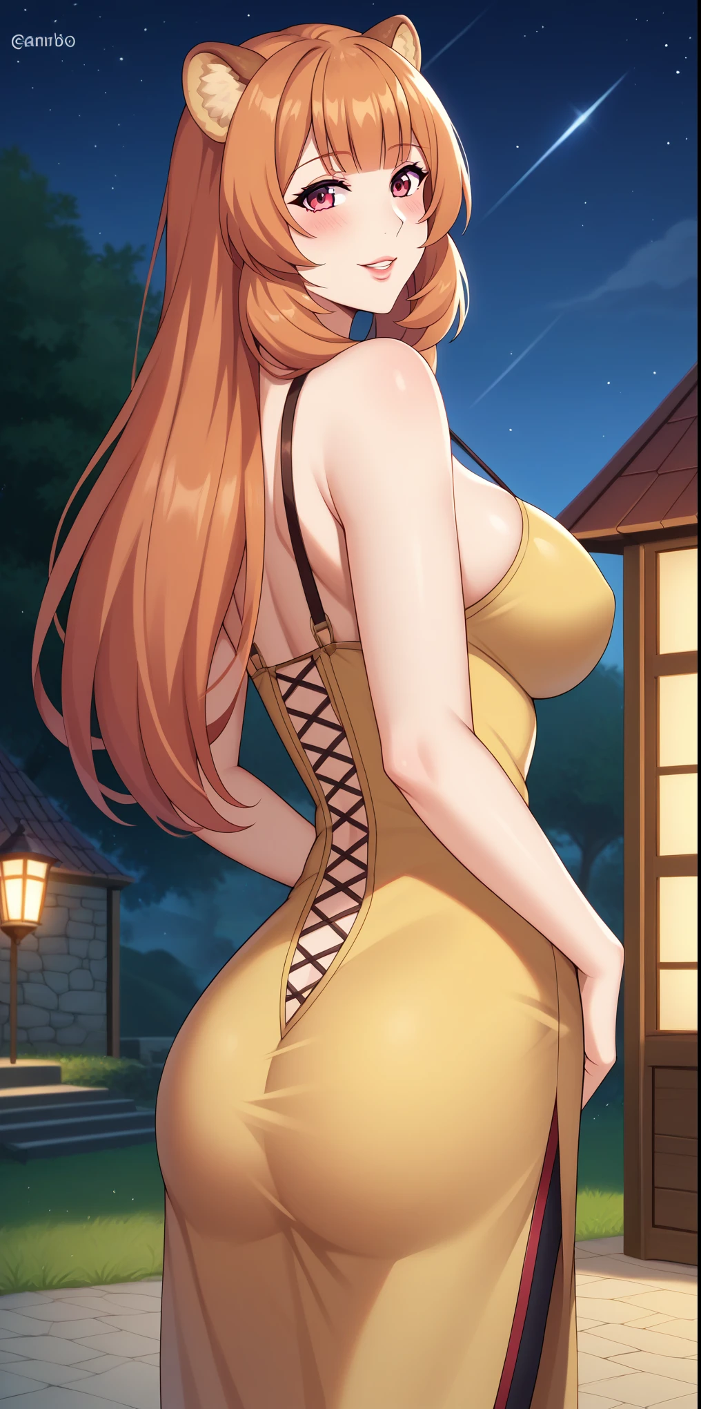 Adult, female, mature, Raphtalia, woman 2 with round bear ears ruby red eyes and orange hair big shapely breasts beads. sonrisa rubor, perfect ruby red eyes, perfect red irises, voluptuous body, perfect big natural breasts, plump lips, slender figure, beautiful medieval yellow dress, thin straps, sassy neckline, night, techno, near the beach in leaning pose, booth seats, in cyber decor, sexy woman, dominant, pose from behind, looking back with charm, blushing with shyness, seductive, cute smile, close up, (Masterpiece, Anatomically Correct, Accurate, Best Quality, Detail, High Details, Quality, Super Detailed, High Quality, Skin Detail, Amazing Skin Detail), (SuperQuality:1.0) ~ (SuperQuality:1.2)