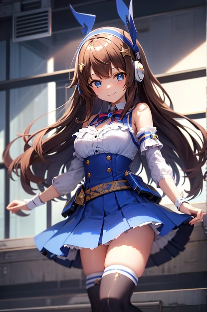 Mecha wings、Blue Skirt、ribbon、Thighs、tights、chest、Brown Hair、1 girl、Solo Girl、is、Frame Arms Girl、Alice Gear Aegis、income、headphone、smile、idol woman、idol dress