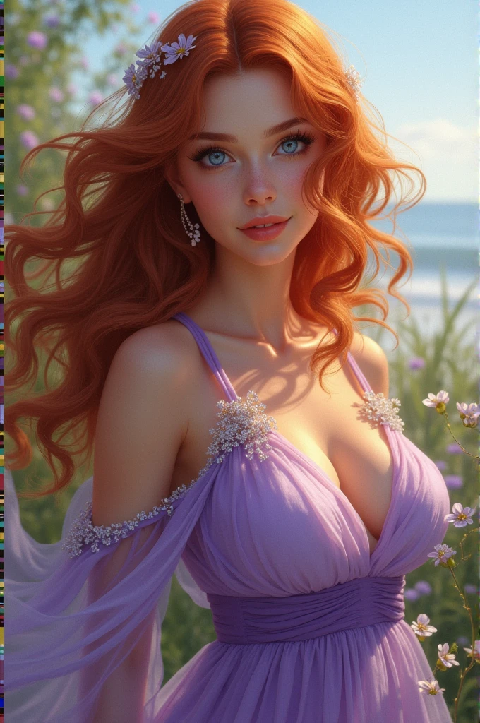 1 girl , red beautiful wavy long hair, , wearing long purple greek dress, anime animation style, 2D, best quality, digital art, in greek mount olympus, sitting by the lake at night , full sparkle moon, wondering expression, close up, expressive gorgeous eyes, contemplative mind, front view close up