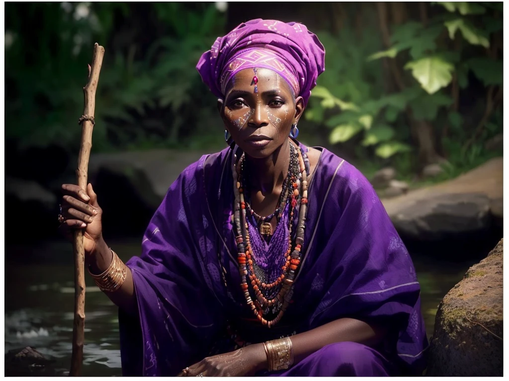 "A regal and dignified depiction of Nanã Buruquê, the Yoruba orixá of the earth, fertility, and ancestral wisdom. She is portrayed as an elderly African woman with a serene and wise expression, wearing traditional purple and white garments adorned with cowrie shells and beads. Nanã holds a staff and a gourd, symbolizing her connection to the earth and ancient knowledge. The background features a lush, verdant landscape with flowing rivers and fertile soil, reflecting her role as the nurturer of life and the keeper of secrets. The scene is tranquil and reverent, highlighting her deep connection to nature and the ancestors."
