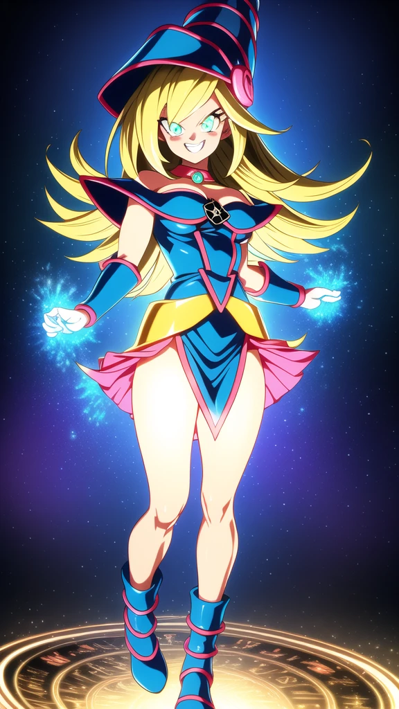 
dbsuper style, (extremely detailed CG unity 4k wallpaper),(masterpiece),(ultra quality),(ultra-detailed),(best illustration),(best shadow),(absurdres),masterpiece, best quality, cinematic light, 1girl, grin, dark magician girl, blonde hair, blue headwear, blue footwear, duel monster, hat, hexagram, long hair, looking at viewer, magic, magic circle, glow, glowing, glowing particles, pentacle, pentagram, wizard hat, yu-gi-oh!, dynamic pose,