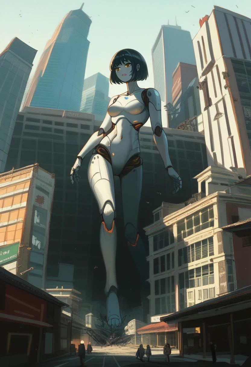 Giantess、Giantess Woman、Giantess、Dynamic Lighting、Looming、Crouch down、A woman bigger than the building、8k、High Quality、high quality、Draw women big、Robot Body、A woman with a body made of iron、A woman bigger than the building、Black Hair、Small breasts、Miniature Buildings、Miniature city、Miniature destroyed buildings、Giant destroying buildings、Destroying a building with hands、Ruined City、Broken Building、City in Ruins、big disaster、Aerial photo