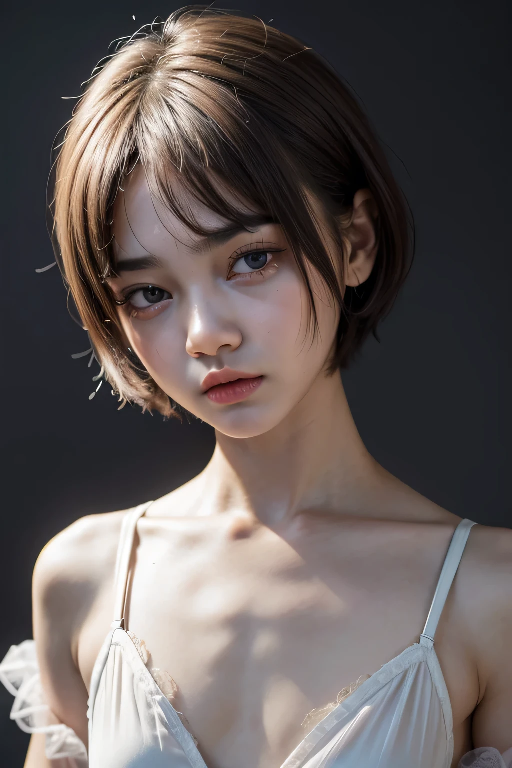 ((G-STRING)), ((Femboy)), Shorthaircut Stylish, adorable, 1 femboy, (face to face), , ((baby face)), (cry sad face expression), half body portrait, (face details: 1), (eye details: 1), ((flat chest:1.4)). wearing transparent transparency soft soft,  .. Cute posed. proportional body. Ultra High Res. realistic: 1.4, UHD, ((*lingerie)) ((leopard pattern))