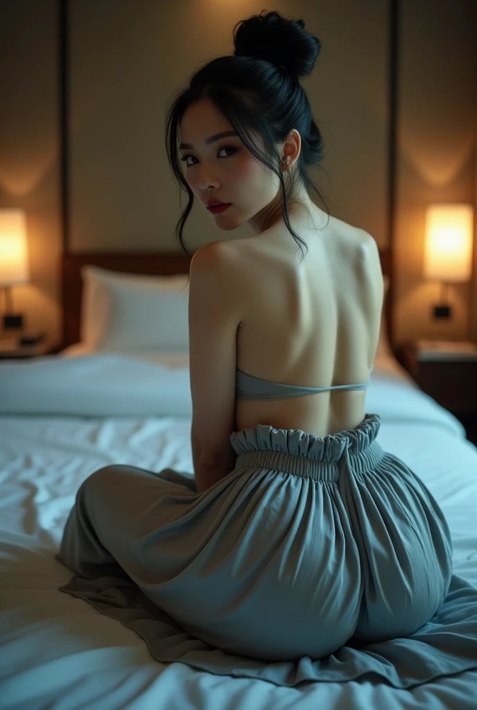 (Highest quality, 8,000 yen :1.2), (masterpiece :1.3), A cute and attractive 4 Japanese woman, Beauty that emphasizes slim abdominal muscles :1.3, short hair, Huge breasts, Ultra detailed face,Sensual open mouth. Detailed eyes, double eyelid, Black Hair, Back view photo.Remember, In blue lingerie, In a hotel room ,holding a lit candle,Backlight,