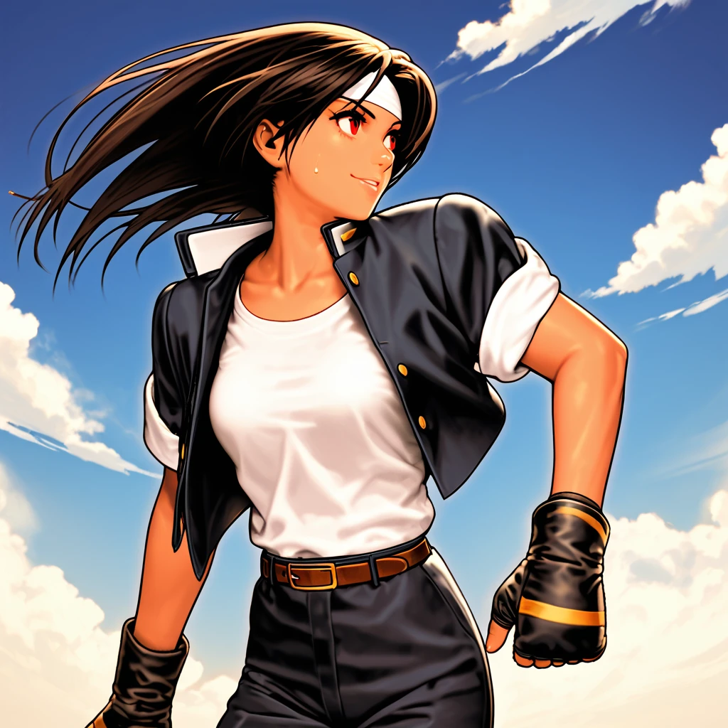 A high-quality image of a dynamic and confident black-skinned high school girl, standing out against the vast blue sky with white clouds. She's wearing a red-eyed gaze, short black hair, and a big smile. Her outfit consists of a white T-shirt, fingerless gloves, black slacks, white shoes, and a brown belt. The frame captures her in mid-run, with a slight wind effect ruffling her jacket sleeves rolled up, and a white headband wrapped around her forehead. The composition highlights the subject's youthfulness, with a sense of achievement and sweat glistening on her skin.