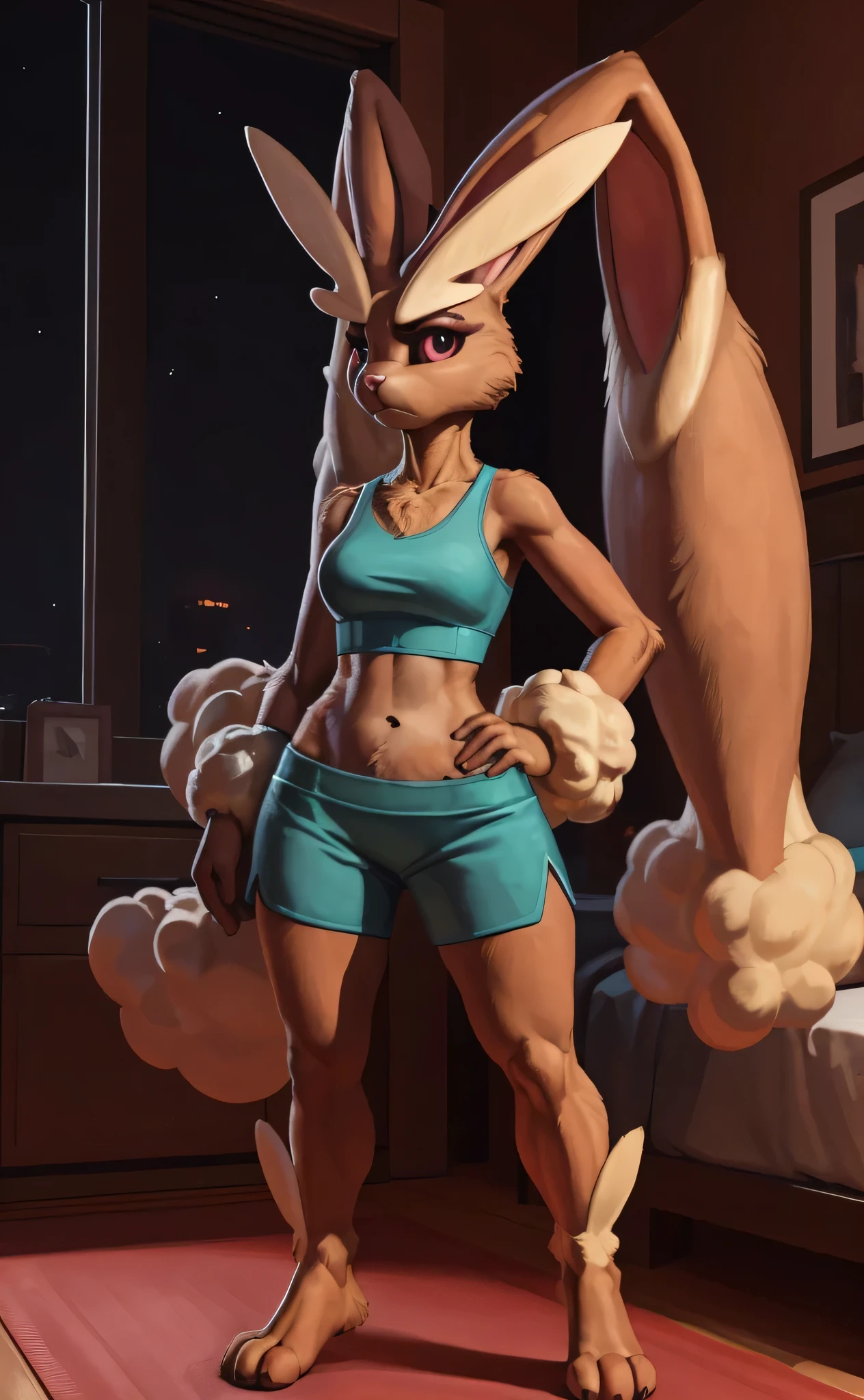 [pokemon], [lopunny], [Uploaded to e621.net; (Foxovh), (Pixelsketcher), (mayosplash)], ((masterpiece)), ((HD)), ((High res)), ((solo portrait)), ((full body)), ((front view)), ((feet visible)), ((detailed fur)), ((cel shading)), ((detailed shading)), ((beautiful render art)), {(anthro lopunny), (brown fur), (long floppy bunny ears), (ears down back like hair), (small fluffy beige rabbit tail), (frown), (long beige fluffy eyebrows), (curvy hips), (beautiful toned legs), (defined feet), (annoyed expression)}, {(White tank top), (navel), (teal pajama shorts)}, {(standing), (hand on hip), (looking at viewer)}, [ambient lighting, bedroom, nighttime]
