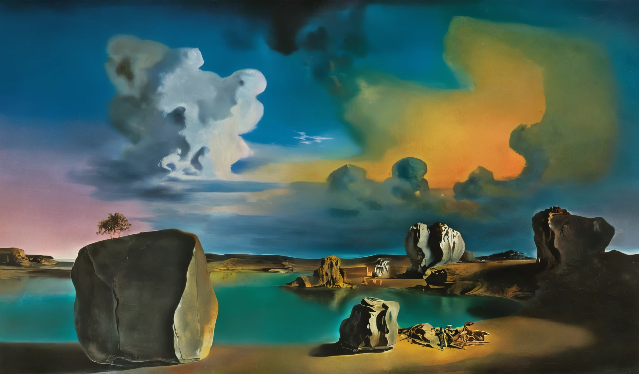 Flow of time by Salvador Dali,Magic,(style of Jean-Antoine Watteau):0.1.    The image depicts a surreal landscape with two large stone formations on either side of a body of water, under a dark sky, with a hint of a sunset. painting of  calm water in front of a rock formations. The sky is cloudy.