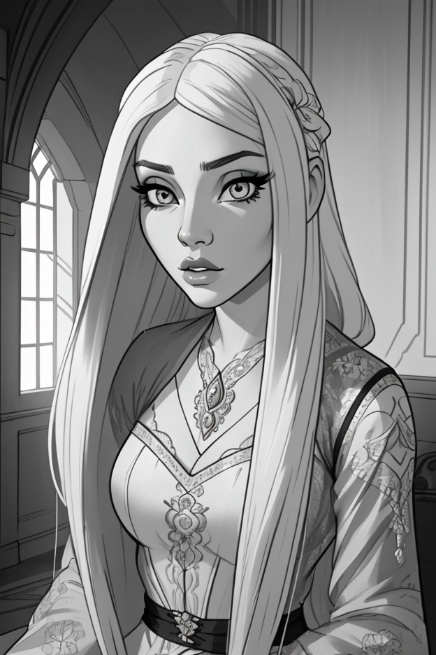 a  girl with long white hair, black and white style, detailed face, beautiful detailed eyes, beautiful detailed lips, extremely detailed eyes and face, long eyelashes, photo realistic, hyper detailed, 8k, best quality, masterpiece, cinematic lighting, dramatic shadows, high contrast, monochrome