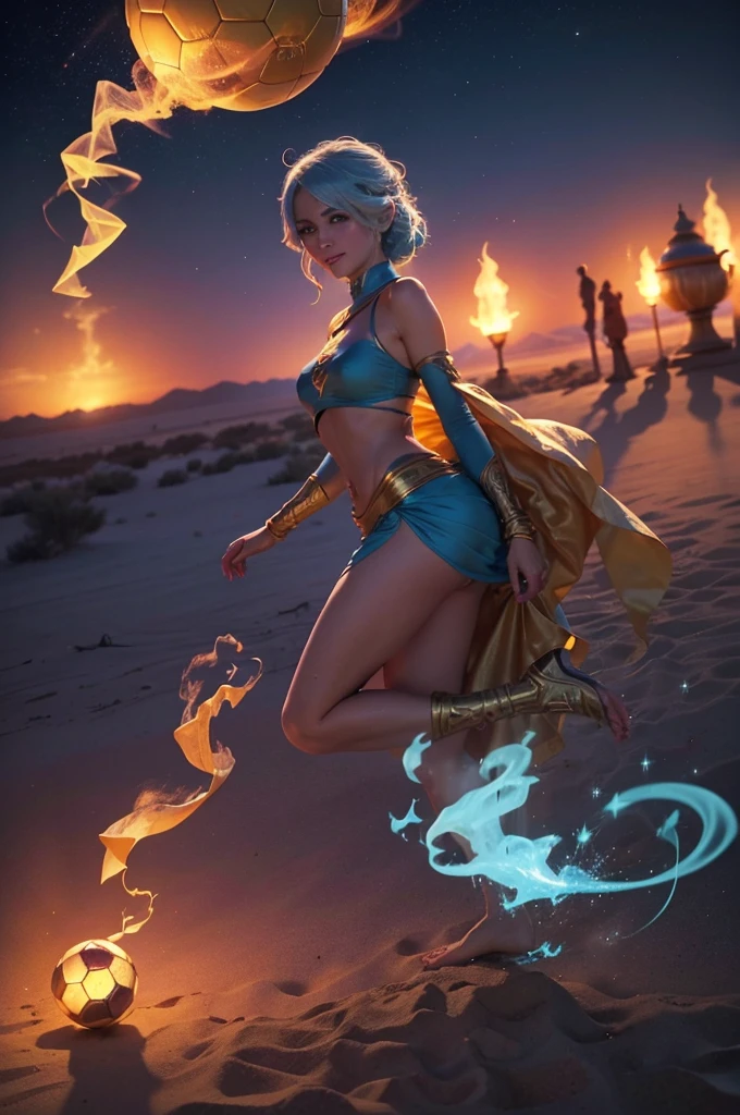 A golden ball on the soccer field, from the golden ball comes blue smoke and forms part of a genie's body, Genie appears from the golden ball with blue smoke billowing out of it.。Genie appeared with a smile, The beautiful Arabian Nights scenery unfolds in the background.。**Cinematic lighting, vibrant colors, photorealistic, 8k