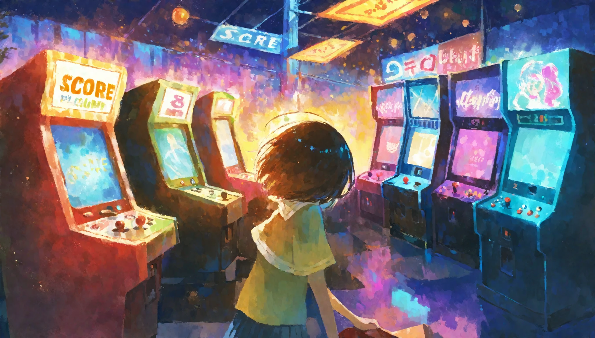 score_9, score_8_up, score_7_up, score_6_up, score_5_up, painting of A group of friends playing in an arcade, neon lights, sharp values contrast, vibrant atmosphere. classic arcade games. nostalgia, use of color theory, amazing art, masterpiece, best quality, high detail, style of makoto shinkai, by makoto shinkai, by Makoto Shinkai, trending on art-station, trending on art, 4K resolution, perfect lighting, perfect colors, perfect perspective, balanced composition,High quality, cinematic, dramatic, vibrant colors, dynamic, intricate, detailed, by makoto shinkai,
