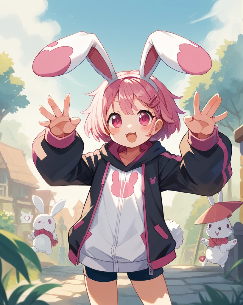 Furry shota, rabbit, long rabbit ears, pink hair, long spiky ponytail, spiky hair, detailed body fur, Pink eyes, ((goggles, purple kimono, open clothes, red fundoshi)), looking at another, white body fur, detailed face, big eyebrows, detailed eyes, detailed body, detailed hands, glistering body, shiny body, skinny, spectacular effects, perfect lighting, perfect shadows, perfect eyes, perfect hair, perfect face, gorgeous body, shy smile, sakura tree, forest, clear sky, solo, full body, feets with three toes, 3 toes, sit on rock, low angle,