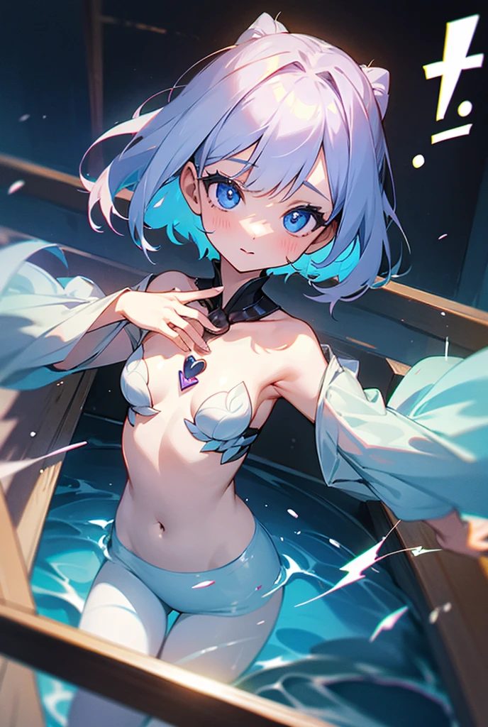 An anime  girl, (((sitting on a river)), cinematic light, slim body with curves, skin is perfectly white, soft, (medium breasts), smooth, ((no nsfw)), Extremely delicate and beautiful CG illustration, best quality, high resolution, dynamic angle, full-length lens, (1 girl), floating, soft light, high-key lighting), glowing light, blue halo, feathers fluttering background, blue crystal, (((wearing a ((transparent: 1.7)) silk covering the body)))