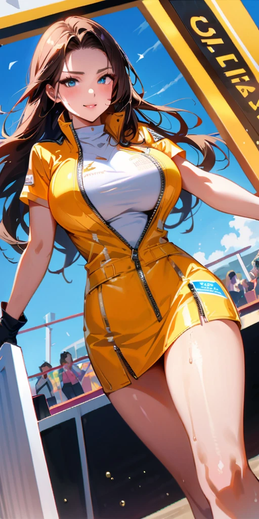 Ultra-high resolution, 1 Girl, 1, (Idols:1.4), (Famous actresses :1.4), (Beautiful detailed face:1), Bangs, (Multicolor floating hair), Skin Dentition, Light makeup, (Beautiful big breasts:1.3), (Sparkling Skin:1.1), Shiny skin, Long limbs, Slim, Hanging breasts:1.3, Narrow waist, Medium Hips, Slim legs, Slim太もも, Dynamic Lighting, Sexually suggestive faces, Glossy texture, Lipstick, V-shaped eyebrows, V Line Jaw, Looking at the Viewer, (Long Hair:1.3), (Perfect Face:1.4), ((Strong winds)), Flowing hair, audience, (A shy smile:1.3), blue sky, (((Monte Carlo Street Circuit))), (((Racing Car))), (((Racing Bike))), ((Promotion Girl:1.3)), ((Grid Girls:1)), Pink Lips, Light makeup, (Detailed promotional costumes are intricately worn:1.10), Lace-up boots, Short sleeves, Cropped tops, ((Short jacket:1)), (Tube Top Bra:1), Knee-high, (((Nylon short-sleeve jacket with many logos))), (Glitter long nylon pleated skirt with logo), Small Ass, ((Promotional wear with logo:1.3)), (((Shiny silver and metallic blue glitter promotional wear))), Fingerless gloves, Black Hair, Brown hair, Red Hair, Blue Eyes, Walking, audience,