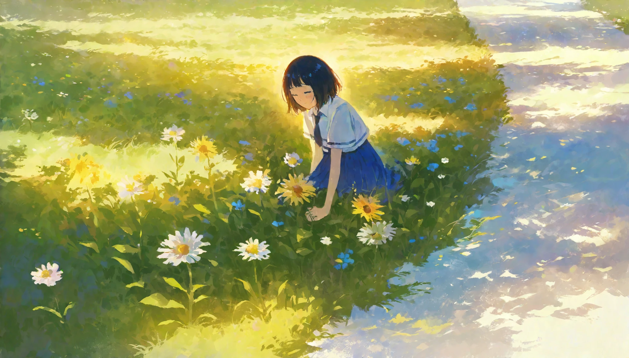 score_9, score_8_up, score_7_up, score_6_up, score_5_up, painting of A meadow full of wildflowers on a sunny day, use of color theory, amazing art, masterpiece, best quality, high detail, style of makoto shinkai, by makoto shinkai, by Makoto Shinkai, trending on art-station, trending on art, 4K resolution, perfect lighting, perfect colors, perfect perspective, balanced composition,High quality, cinematic, dramatic, vibrant colors, dynamic, intricate, detailed, by makoto shinkai,
