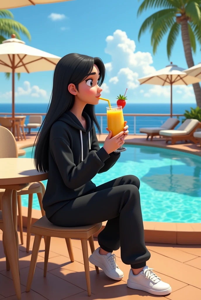 Girl in her 20’s, long black straight hair, wearing black sweatsuit with white sneakers, having piña colada at restaurant by pool at large cruise ship . Pixar cartoon 