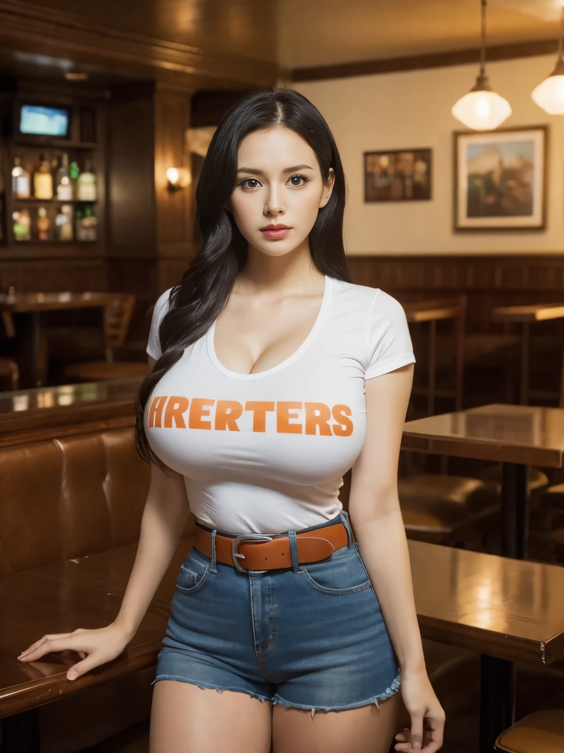 (masterpiece:1.2, Best Quality:1.2, ultra High resolution, 8K wallpaper), RAW photo, hyper realistic photograph, professional lighting, cinematic lighting, ultra realistic & detailed portrait of Nico Robin from ONE PIECE, 1 girl in, Solo, black hair, (putting sunglasses on forehead:1.55, white hooters t shirt, orange short pants, belt, sports shoes), ultra huge breasts, ultra huge tits, ultra huge cleavages, ultra huge boob, ultra slim waist, perfect slim body style, (ultra realistic interior of Irish pub, ultra detailed interior of Irish bar), standing, serve food and beer for customer, 