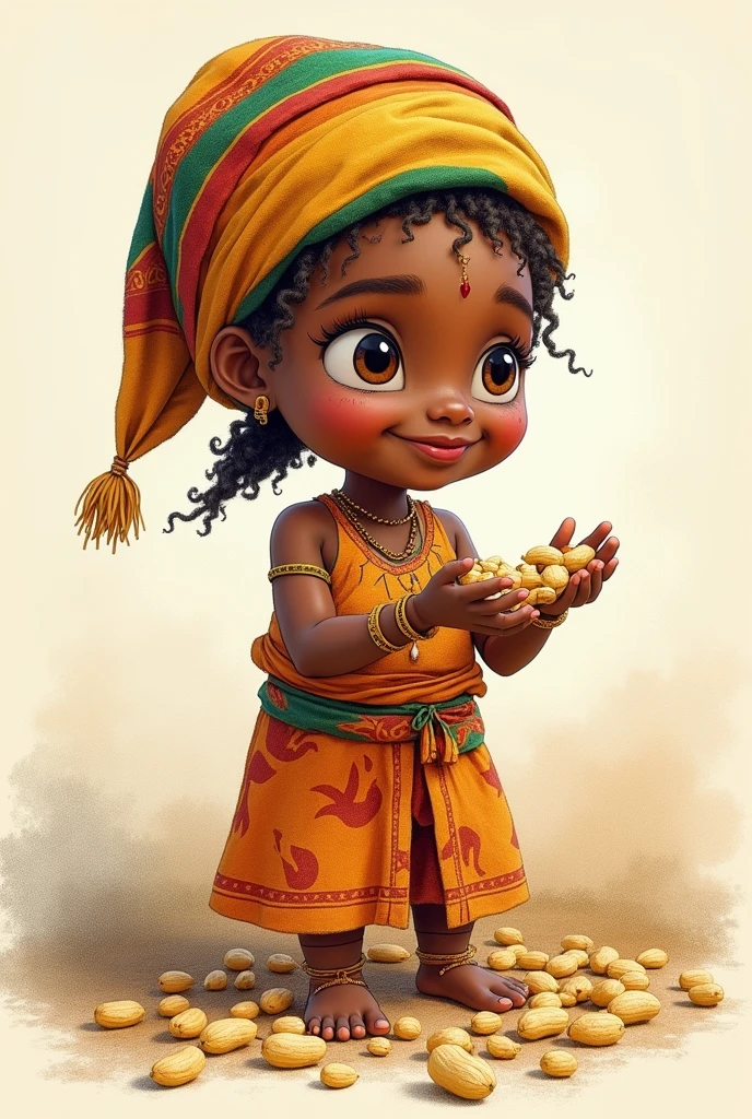 Uma imagem da minha erê of Oxum Opará Aparência , dolce, crying and smiling, , pacifier in mouth, black curly hair ponytail hairstyle, of Oxum Opará. Dark brown black skin, White clothes with small yellow and red details, overskirt, coast cloth and head cloth, yellow and red bead necklace, and abegbe of oxum