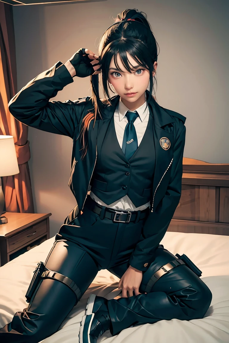 zhu yuan Naughty pose at bedroom grab gun, orange eyes, black hair, long hair, streaked hair, ponytail metal hairband, police uniform, blue jacket, cropped jacket, long sleeves, black vest, two-tone vest, black gloves, green necktie, plaid necktie, black pants, high-waist pants, belt, thigh straps, knee pads, holster, tight pants, blue footwear