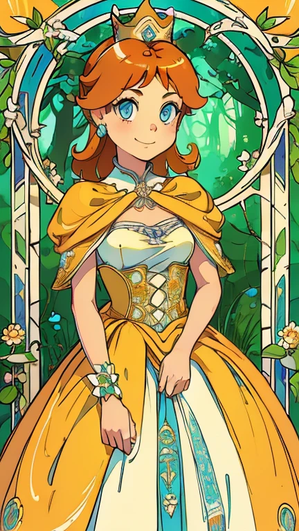 (1girl, solo, highly insanely detailed, masterpiece, top quality, best quality, highres, 4k, 8k, RAW photo),((innocent look)),((Childish)),From the front, symmetrical composition,smile,cute,Innocent,Kind eyes,Flat chest,ArsMJStyle, Art Nouveau Style, forest, vines, (princess daisy), orange hair,yellow dress,blue eyes,crown,
(v1nedr3ss)