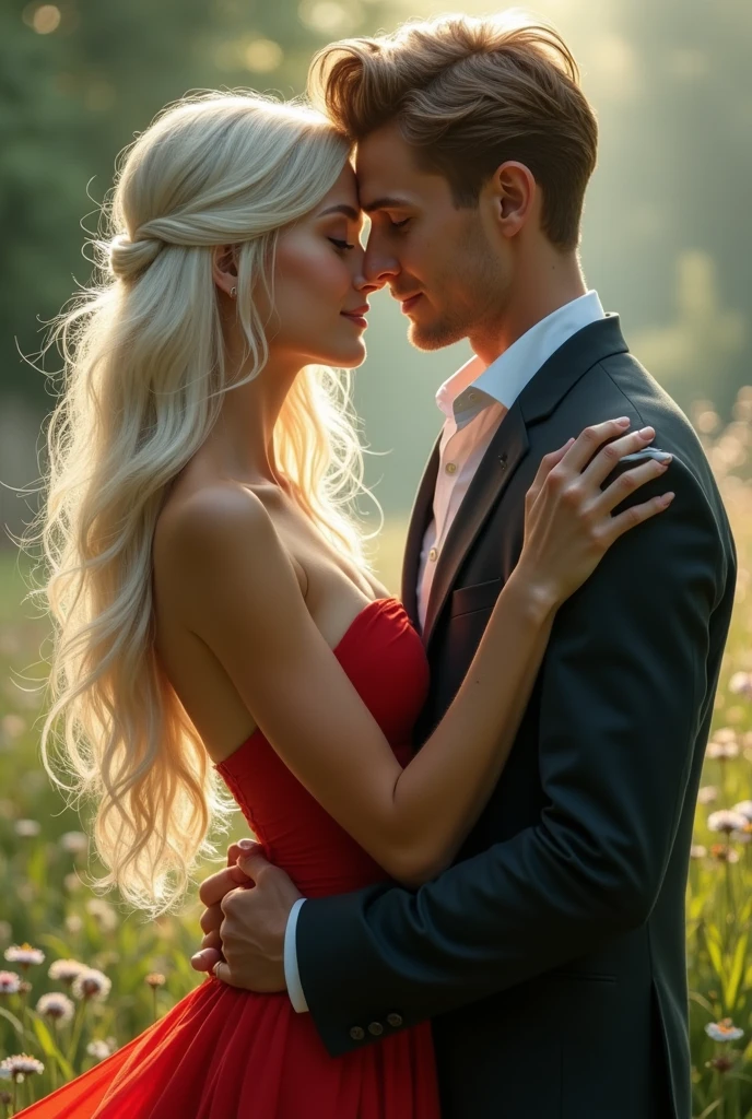 A couple hugging. Uma mulher com longos cabelos negros e olhos cinzentos (Vestida com um vestido vermelho).

The man with short blonde hair and a tattoo of a rose and others on his neck (vestido com terno preto.) He's looking at her