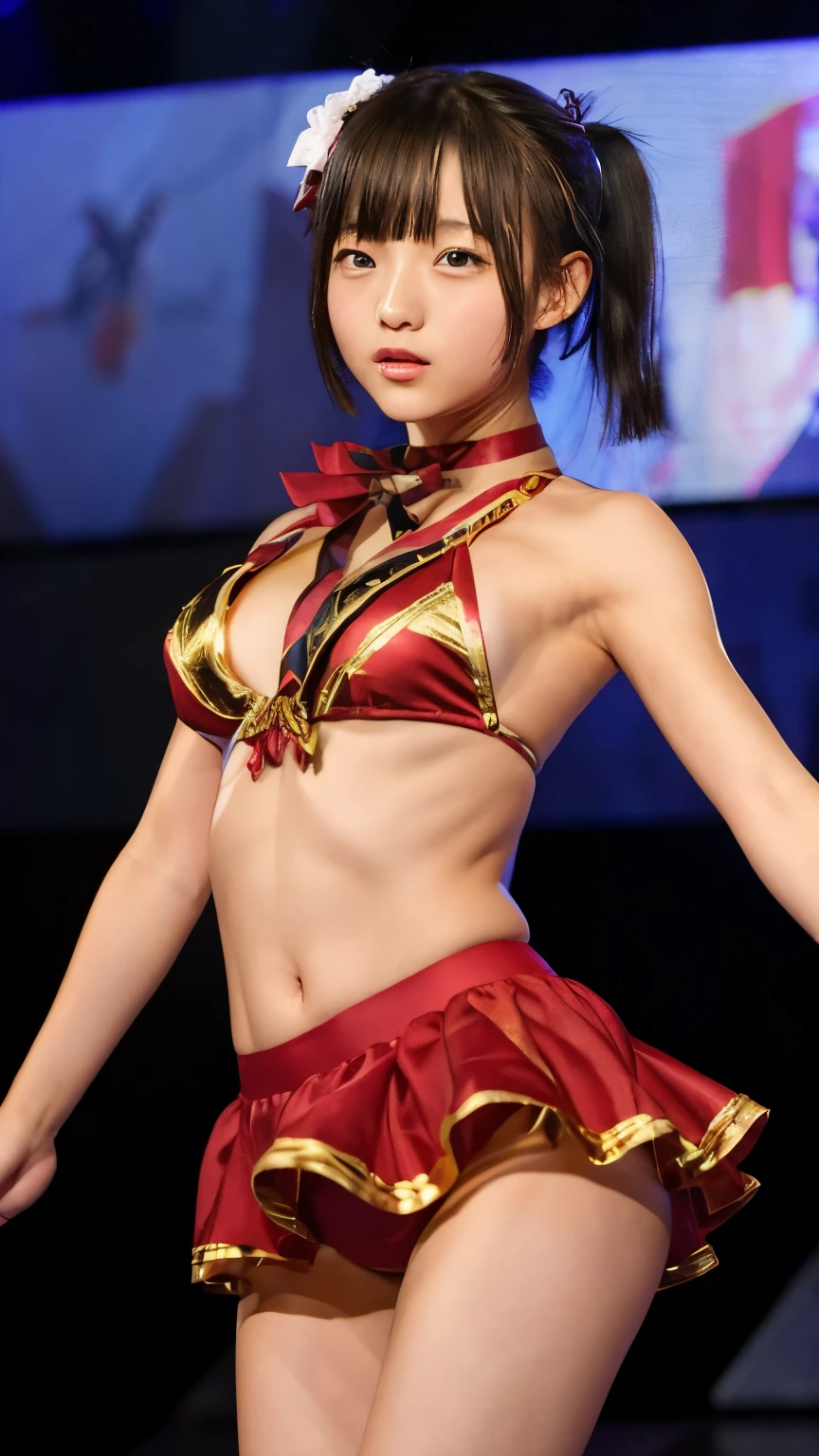 ((A 20-year-old woman with a cute face like a -yeld id)、Completely naked、Cleavage、(((Tied up on stage at lingerie show)))、(((Wearing a red leather dog collar around his neck)))、(((the whole body is tied with a rope)))、(High level of artistry)　Front image (((shibari over clothes,)), bondage, shibari:1.5, (((tied both arms))), ((bondage))、((Full body portrait))、Accurate、Anatomically correct、Textured skin、Very detailed、 Attention to detail、highest quality、High resolution、Genuine、Indistinguishable from live-action、realism、Genuineの棒、RAW Photos、Genuine、masterpiece