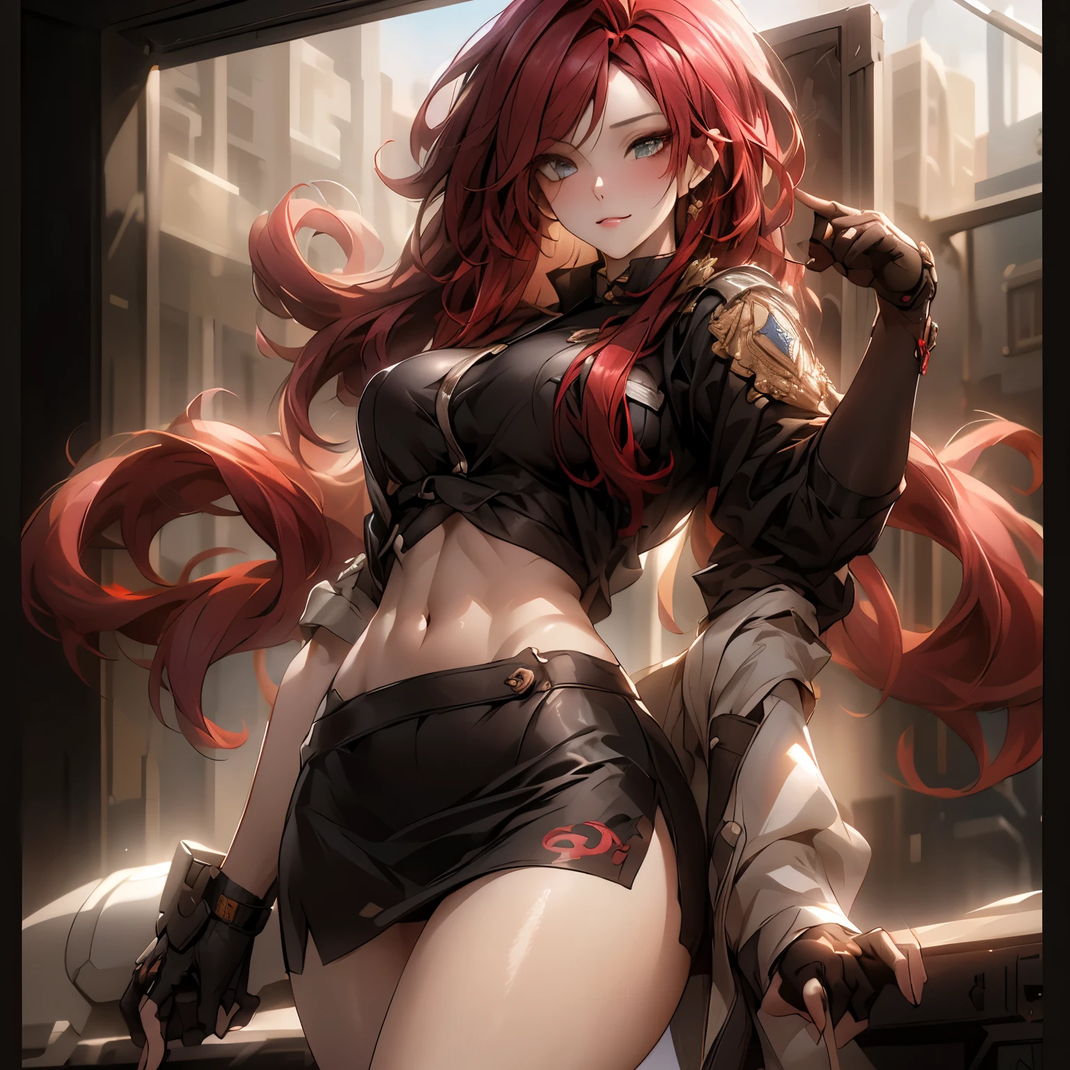 a drawing of a very sexy female with red hair and sexy red underwear, 1girl, breasts, red eyes, red hair, solo, necktie, black background, large breasts, pants, gloves, sleeveless, navel, shirt, bare shoulders, simple background, skindentation, looking at viewer, lips
