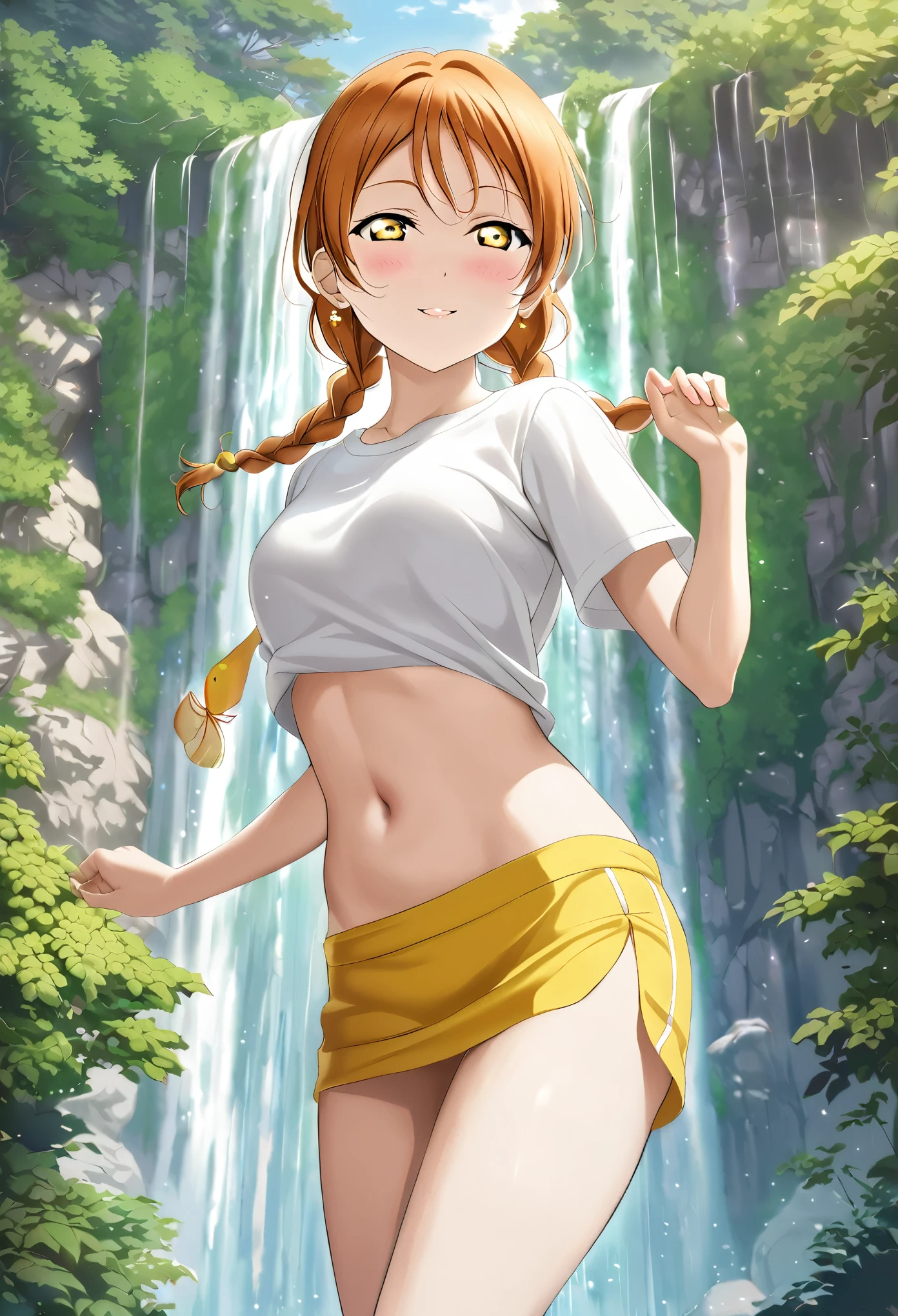 masterpiece, best quality, 8k wallpaper,realistic anime style,love live art style, rin hoshizora, (yellow eyes:1.3), orange hair, medium hair, blushing , twin braids ,shoto , shirt around hip, tube top, smile, cowboy shot ,wink, tanned skin,day, waterfall , earrings, Hoshizora rin, thighs, golden ,glowing eyes, cowboy shot, sexy 