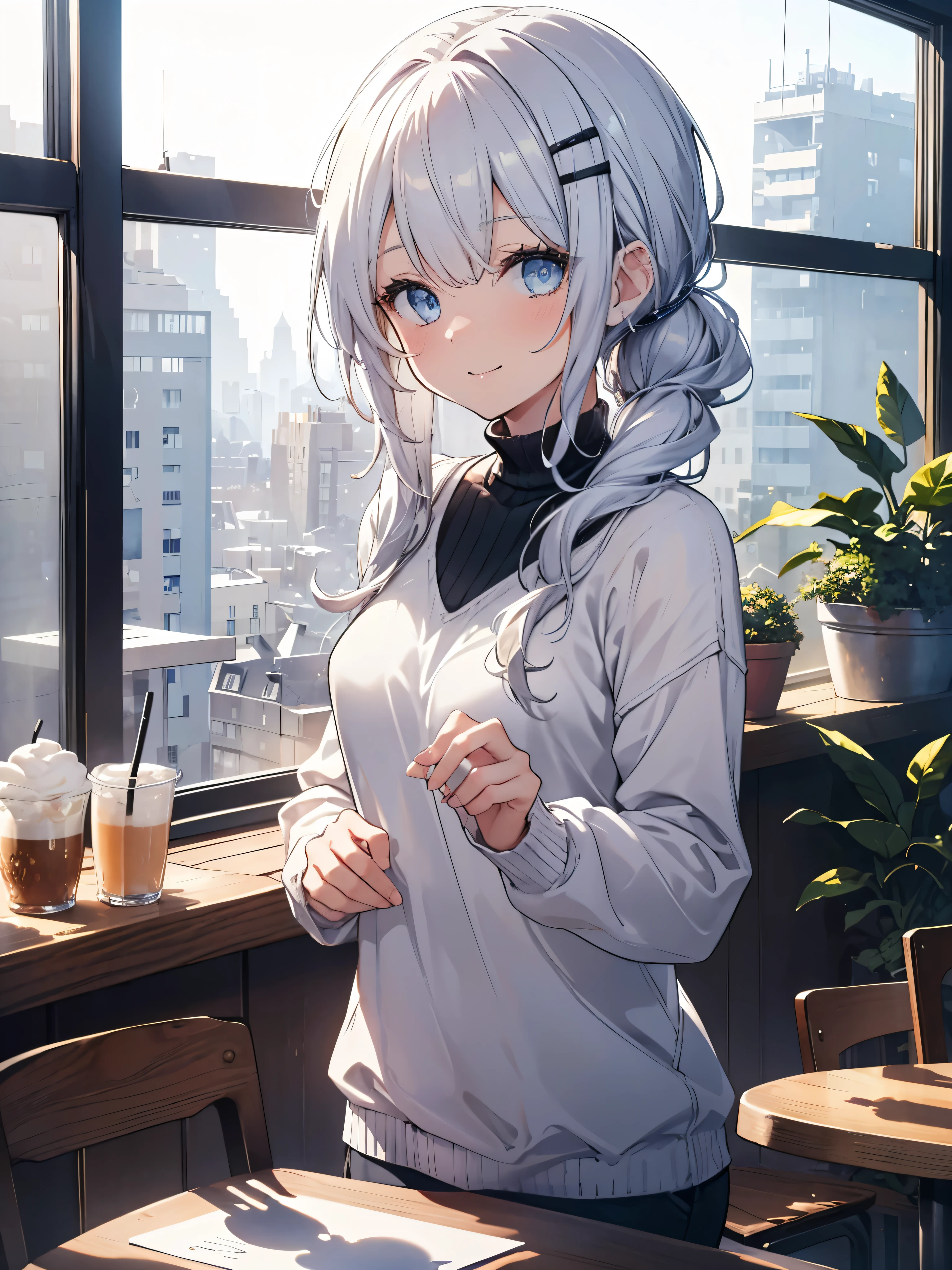 Anime girl with blue eyes standing in front of a window - SeaArt AI