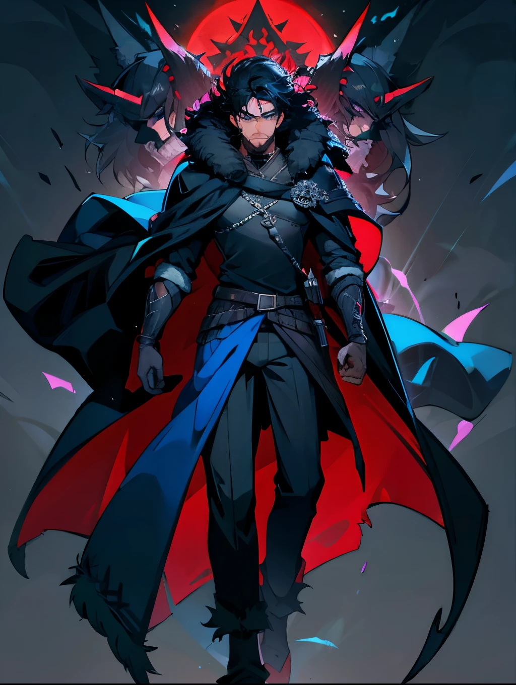 man,Curly hair, black high fade,In the blue eyes,Black Wolf Fur Armor,Black fluffy winter suit,There is a red tattoo on his face., stubble short,Full body image,Viking,many people