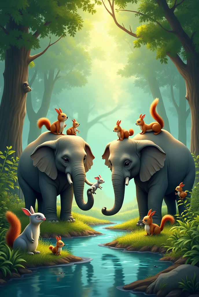 A illustration of animals in a colourful jungle working together in harmony,
using their unique strengths to work in the jungle, with Little Mouse at the centre for children book