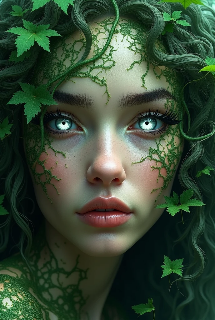 Surrealism, face, statue, cracks, molten, sorceress, green algae, silver hair