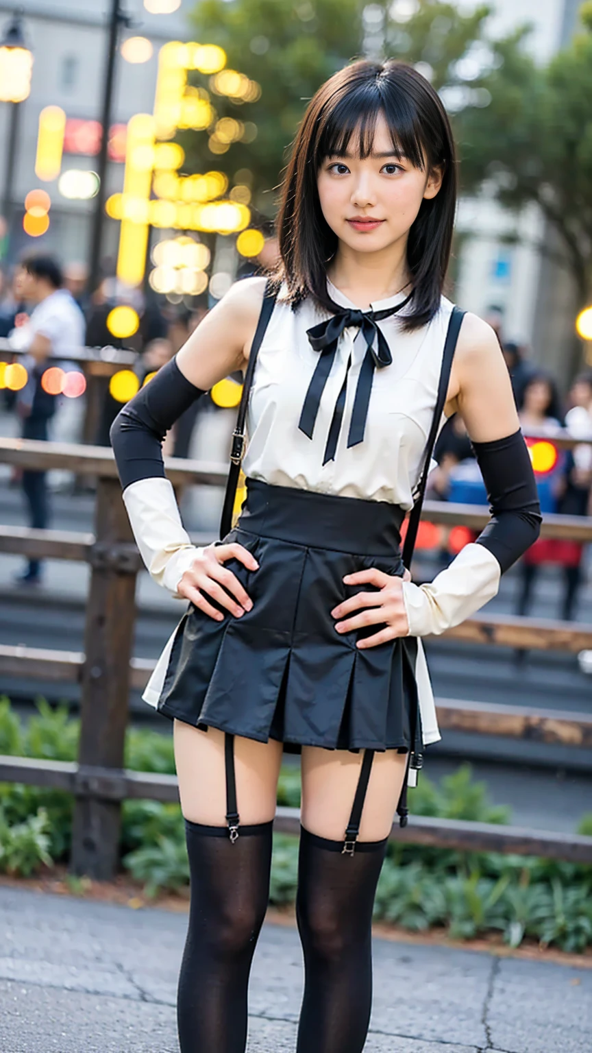 (8K、Raw photography、Highest quality、masterpiece:1.2),(Black Hair、Dark Eyes:1.9),(:1.6)、View your audience,Viewed from the front,White skin,(Twin tails:1.4)、(Tight waist:1.6)、(Clothes that accentuate the shape of the breasts:1.0)、(Big Breasts :1.3)、Slim figure、Ultra-high resolution,beautiful,beautiful fece,(One person、No background:1.9),whole bodyボディー,Japanese women,(reality的:1.37)、Photon Mapping,reality、(Baby-faced and cute: 1.4)、(Cute Smile: 1.8)、(Round face: 1.8)、Radio City、Physically Based Rendering、Depth of field rally background、photograph, (I can see your knees、Thigh close-up:1.8),(:1.6),whole body、Great quality