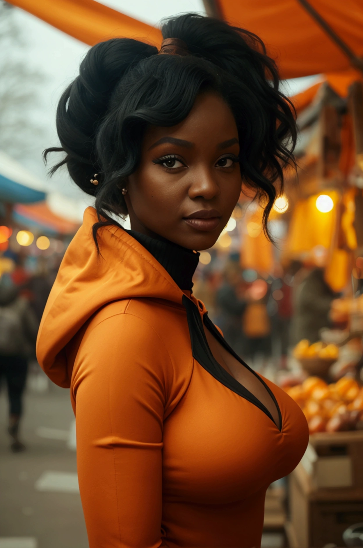 A curvaceous Black woman wearing a snug, burnt orange fitted hooded dress paired with knee-high black boots. Her hair is styled in a puff ponytail. The backdrop is a vibrant outdoor street market with colorful vendor stalls and bustling crowds.
