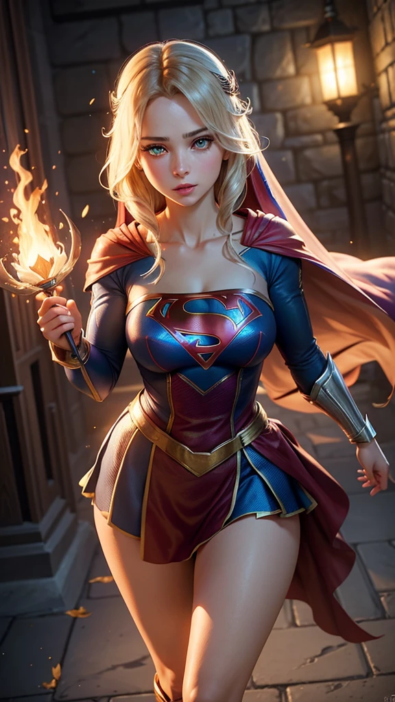 (full torso), style, realistic, ((intricate details)), full torso shot, cool, beautiful lighting, Supergirl from DC, dynamic pose, Helios 44-2, ((dark gothic background)), (candlelight), swirling bokeh, Artstation trend, Sharp focus, Studio photo, Intricate details, High detail, sharp, DND character, (((Oil on canvas)), Perfect lighting, Masterpiece, Detailed background, Artgerm and Greg Rutkowski art, Cinematic lighting, 8K