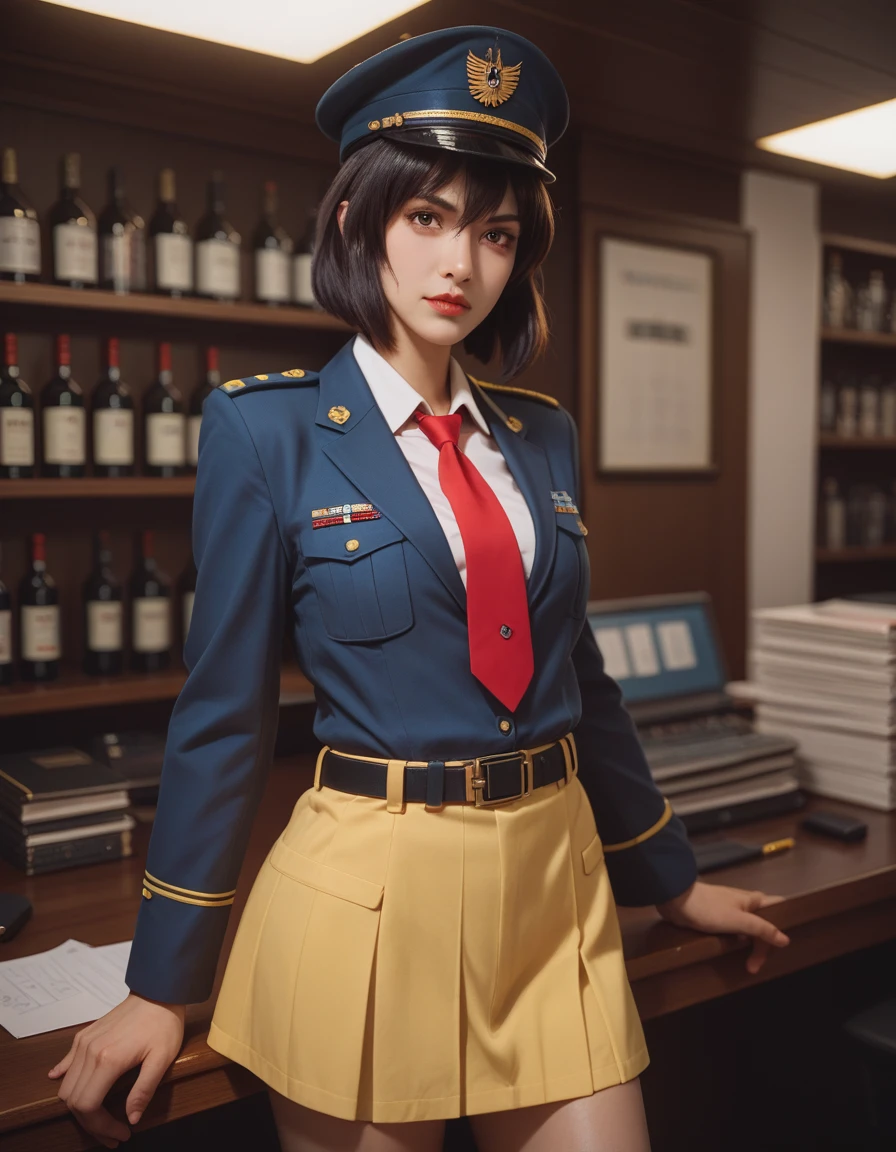 score_9, score_8_up, score_7_up, score_6_up, score_5_up, score_4_up,
kusanagi motoko, military, military uniform, red tie, yellow skirt suit, ribbon bar, sam browne belt,
looking at viewer, office