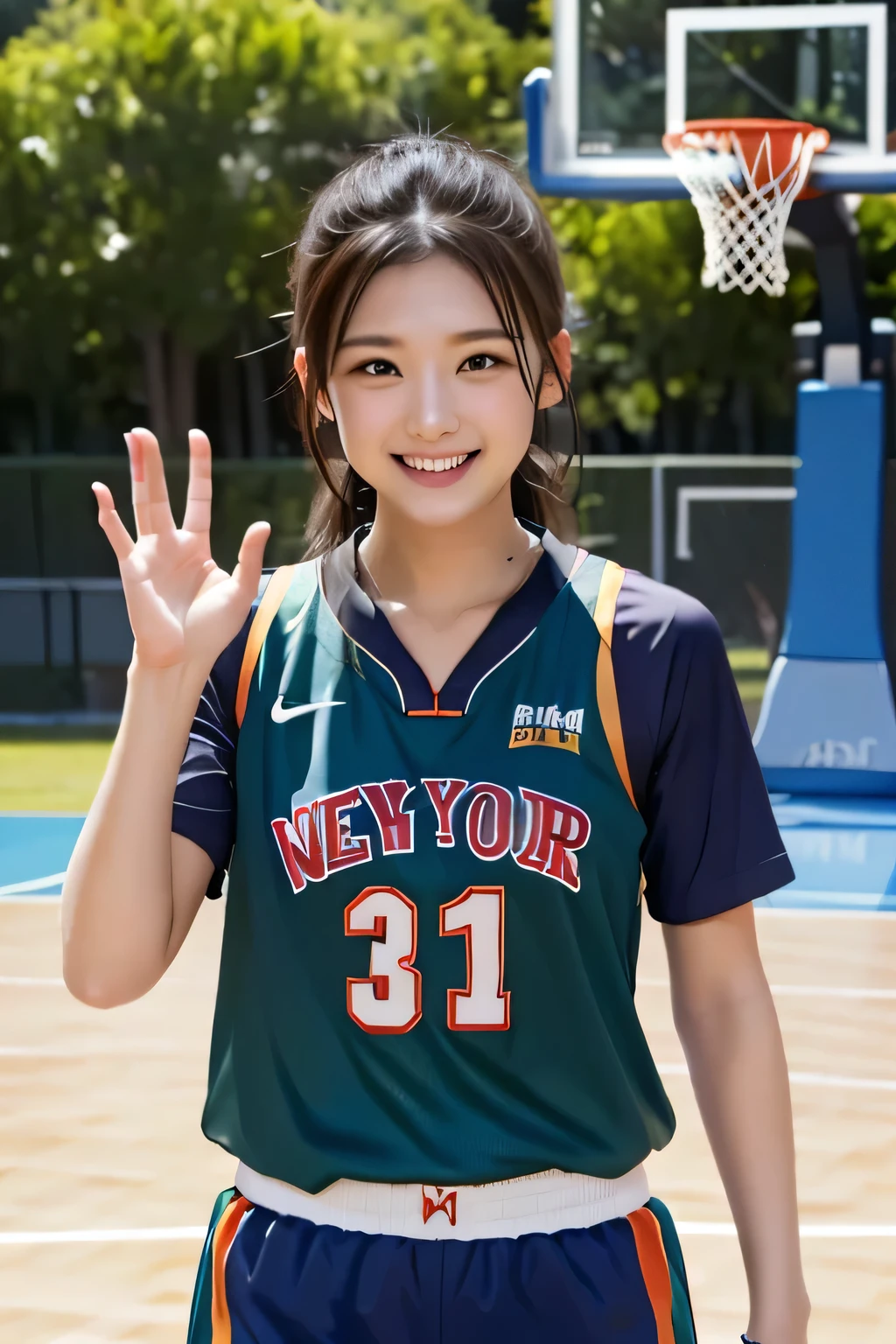 (masterpiece、Best Quality)、The clothes are see-through、Smiling at the viewer、basketball、basketballの服、Wave your hand here、Neat clothes、sweat、