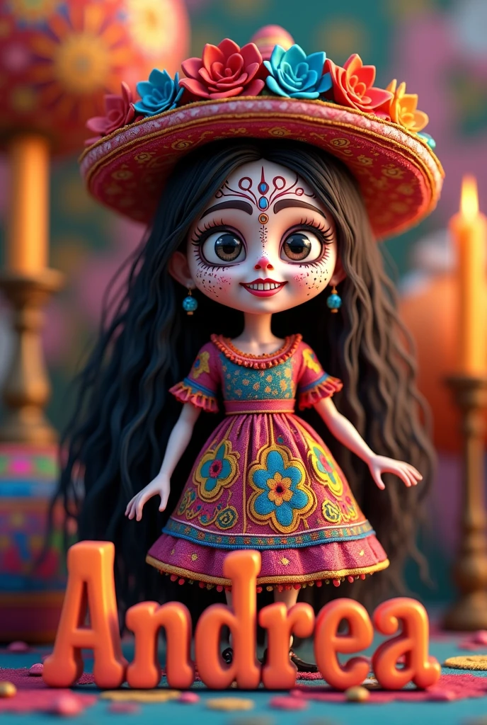 a child with medium hair ,up to the shoulder with lots of brown curls a little afro and pink on the red head , eyes browns , skin fair. dressed in a red dress skirt and white top Mexican mariachi style without a hat with the background of the movie Viva la Vida is a Party by Disney Pixar with Mexican skulls