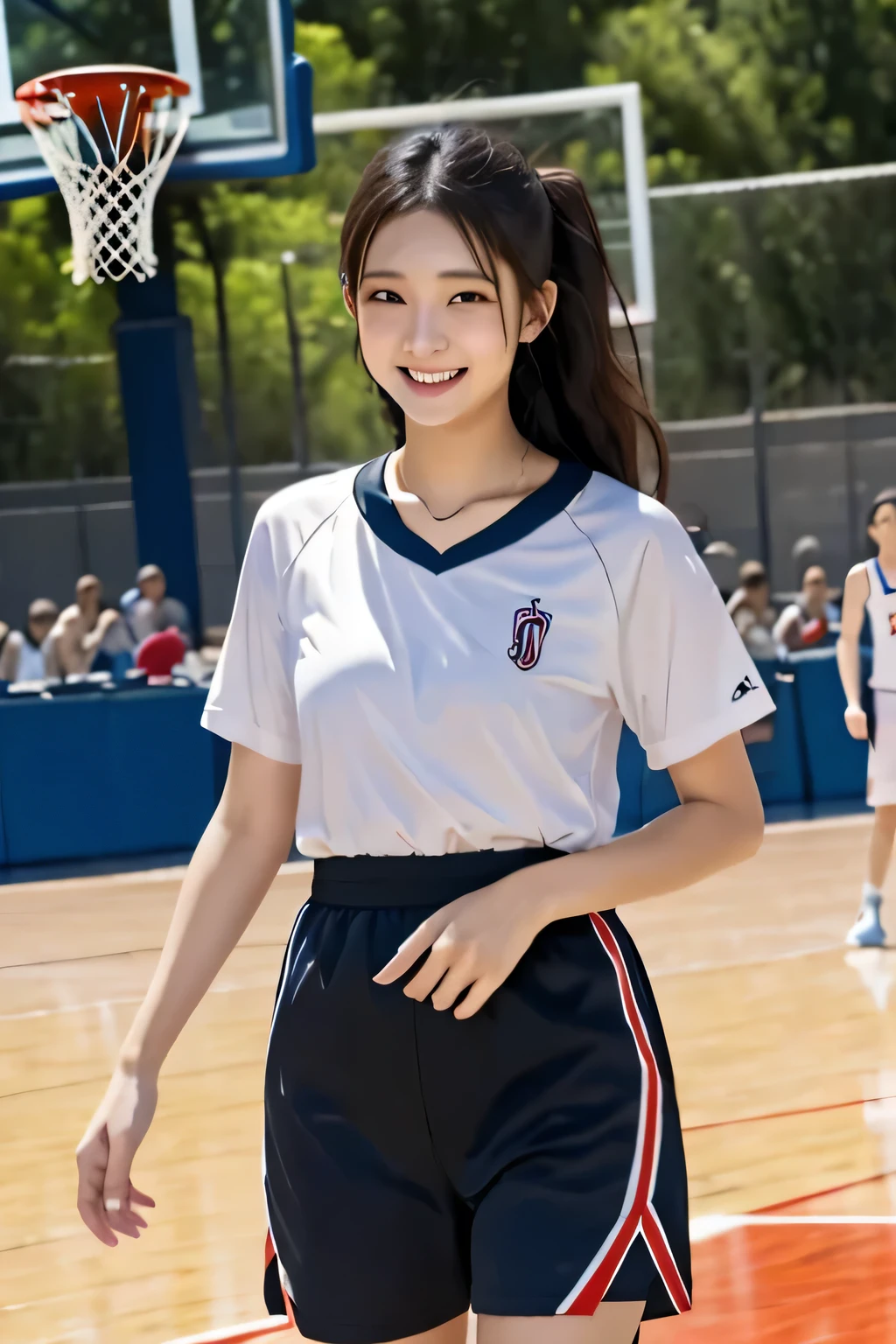 (masterpiece、Best Quality)、The clothes are see-through、Smiling at the viewer、basketball、basketballの服、Wave your hand here、Neat clothes、sweat、