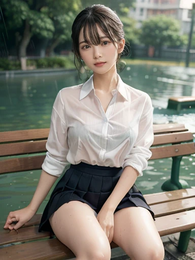 Charming anime, [ 4K Digital Art ]!!,Hyperrealistic Painting, Art with attention to detail, 8k high resolution, Detailed Art,Curvy Tanned Gal,(puppet,Thick lips:1.2),Dress shirt,cardigan,Side details,Pleated skirt,Brown Loafers,blonde,(Dark Skip:1.3),Loose socks,heavy rain, (heavy rainでずぶ濡れ), (A wet, see-through shirt), Wet Hair, Wet Skin, Wet Uniform, ((Bra showing through shirt)), Sweaty,close,((On a park bench)),In the park,(Blushed), ((Spread your legs、Her white panties are in full view))