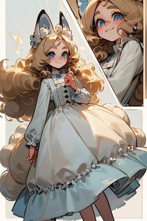 ((Masterpiece:1.5, Best Quality, High Resolution:1.3, Super Resolution, Super Detailed, Ultra Detailed:1.3, Perfect Anatomy:1.5, 1 Female) Pale Skin + Ash Blonde Fluffy Curly Hair + Light Blue Eyes + Long Eyelashes + Female Figure + Poodle Fluffy Ears and Tail (Cute and Cute Outfit) ((Pretty Eyes, Happy Expression))