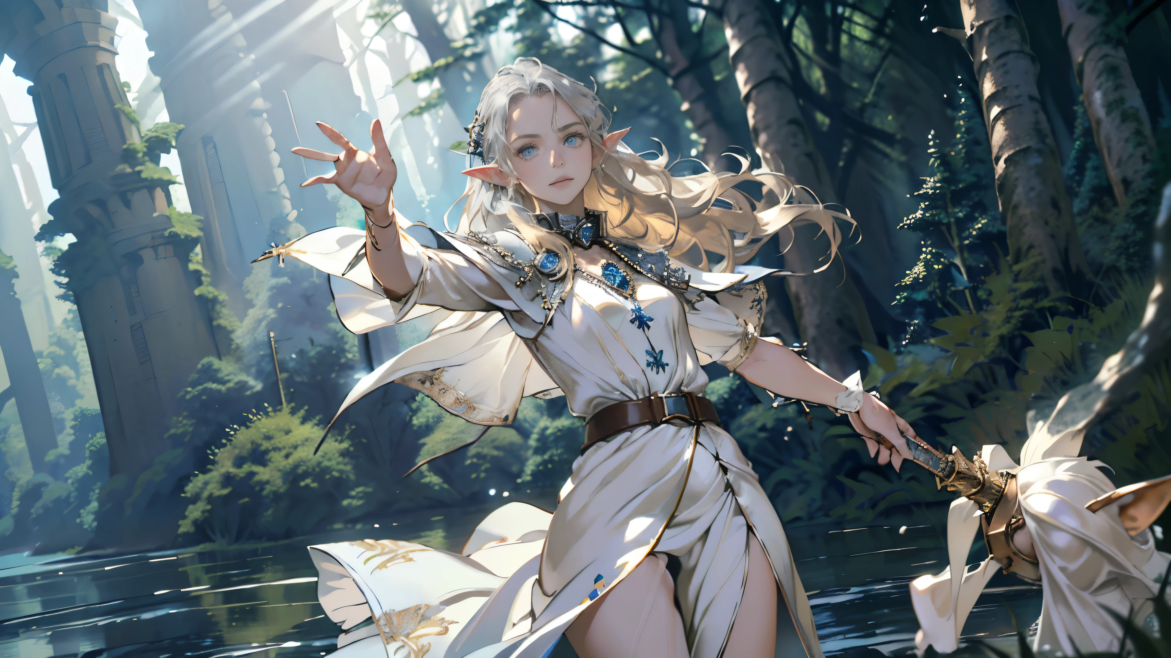 ((Superior quality, portraits, masterpieces, 8K wallpapers: 1.3)), man with long straight ash blond hair (((LONG BLOND HAIR))), blue eyes like diamonds (((BLUE EYES))), (((MALE FOCUS))) (((Fairy white wings on his back))) (((CHEERFUL LOOK))) sitting on a branch of a moeto tree, bioluminescent blue butterflies, dark hour, perfect shadows and reflections of the moon on the scene. white tunic, translucent, covered, clear clothing of God, CLOTHING COVERING HIS SKIN, TULLE TUNIC